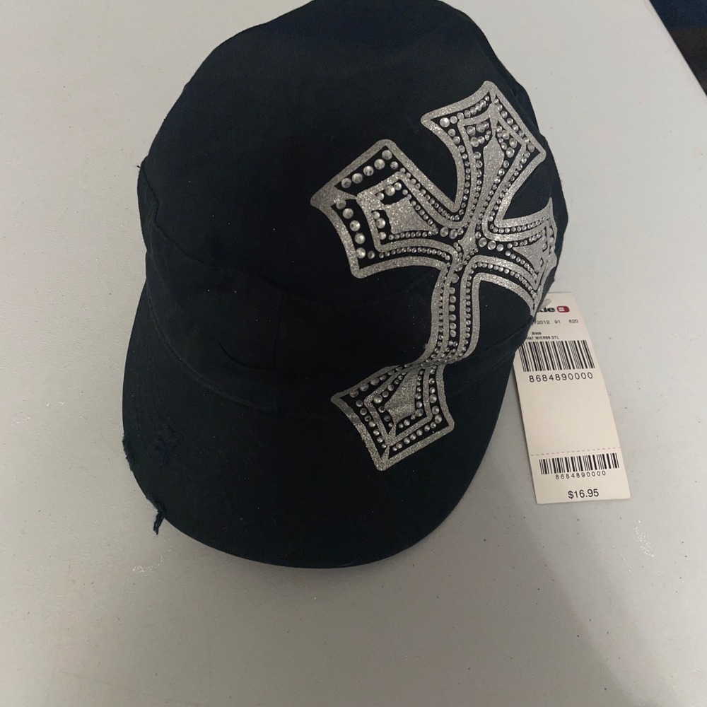 BKE Black Distressed Military Hat Silver Rhinestone Cross Cadet Cap NWT